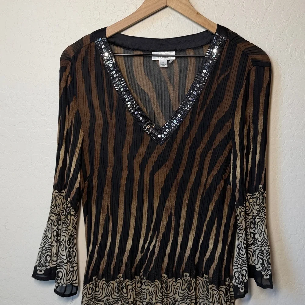 Dress Barn Sequin Animal Print Sheer Crinkle Shirt Blouse Size XL - Picture 2 of 6